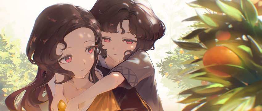 0gen3_illust, 2girls, aged_down, arms_around_neck, black_coat, black_hair, carrying, carrying_person, coat, dappled_sunlight, food, fruit, grey_shirt, highres, holding, holding_food, holding_fruit, long_hair, looking_at_another, marian_(reverse:1999), multiple_girls, orange_(fruit), orange_tree, piggyback, red_eyes, reverse:1999, schneider_(reverse:1999), shirt, short_hair, short_sleeves, smile, sunlight, upper_body, white_background