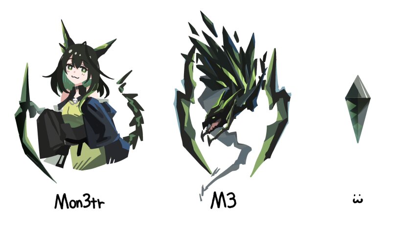 1girl, :3, ahoge, animal_ears, arknights, black_coat, black_hair, blush