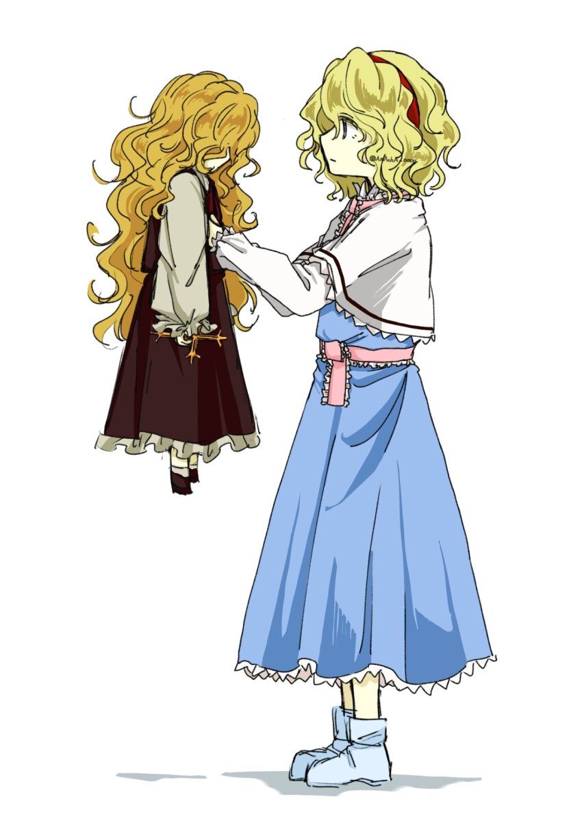 alice_margatroid, amacha_0000, blonde_hair, blue_dress, brown_dress, capelet, closed_mouth, cross
