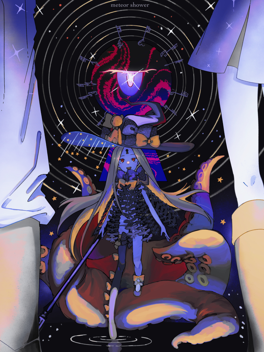 1girl, abigail_williams_(fate), absurdres, bow, facial_mark, fate/grand_order, fate_(series), forehead_mark, hat, highres, igurumi_00128, key, keyhole, long_hair, open_mouth, orange_bow, red_eyes, revealing_clothes, single_thighhigh, sparkle, stuffed_animal, stuffed_toy, teddy_bear, tentacles, thighhighs, very_long_hair, witch_hat