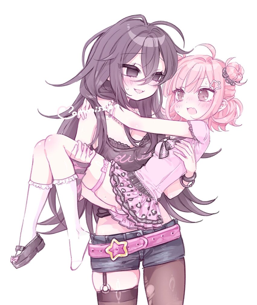 2girls, age_difference, ahoge, animal_print, arm_warmers, belt, black_eyes, black_hair