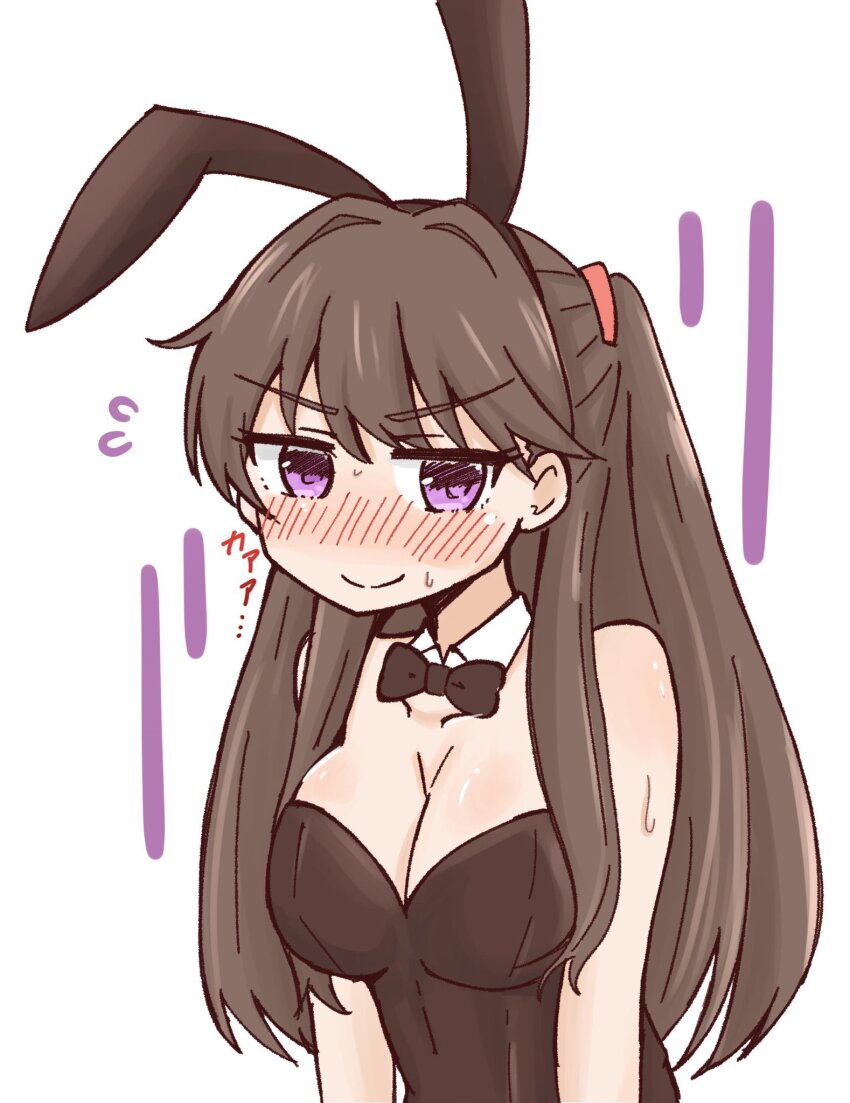 1girl, alternate_costume, amado_(amaddo_club), bare_shoulders, black_bow, black_bowtie, black_leotard, bow, bowtie, breasts, brown_hair, collarbone, commentary_request, detached_collar, embarrassed, flying_sweatdrops, fujishima_megumi, highres, large_breasts, leotard, link!_like!_love_live!, long_hair, looking_at_viewer, love_live!, playboy_bunny, purple_eyes, simple_background, solo, strapless, strapless_leotard, sweat, traditional_bowtie, two_side_up, upper_body, v-shaped_eyebrows, virtual_youtuber, white_background