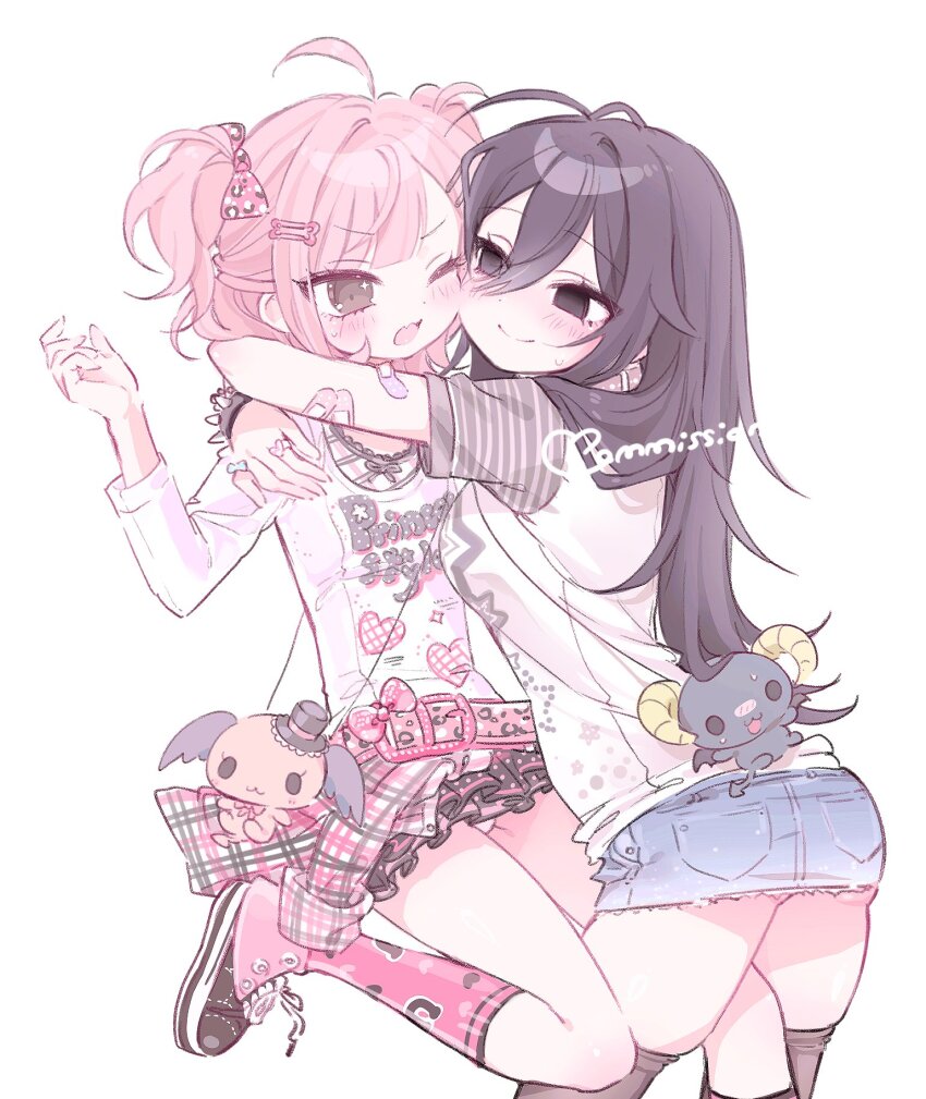 2girls, age_difference, ahoge, animal_print, bag, bandaid, bandaid_on_arm, belt