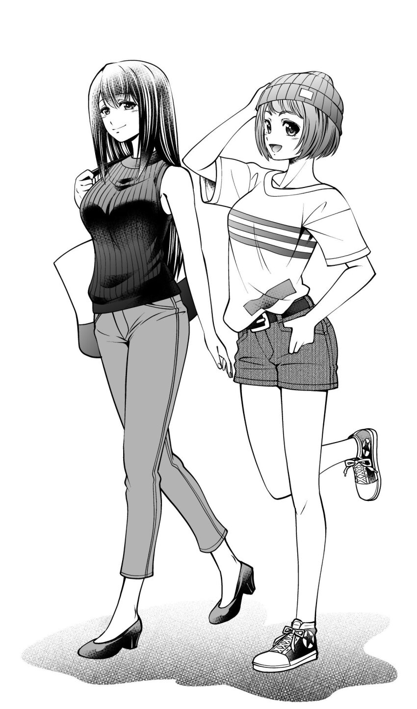 2girls, bag, beanie, belt, black_belt, black_shoes, black_sweater, blush
