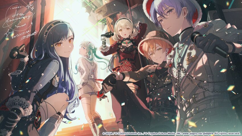 2boys, 3girls, aoyagi_touya, aqua_hair, azusawa_kohane, black_gloves, black_hair, black_hairband