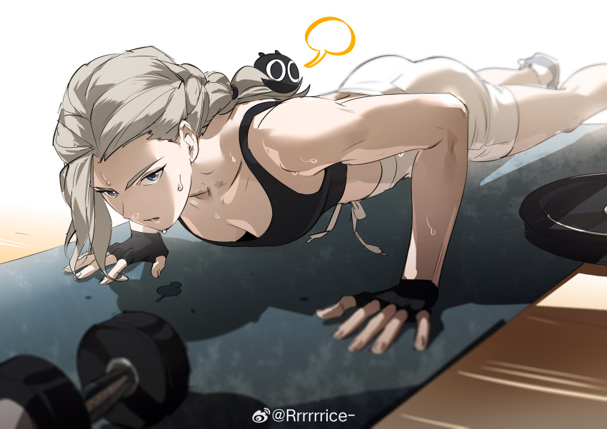 1girl, absurdres, ass, barbell, black_gloves, black_sports_bra, blue_eyes, braid, braided_ponytail, breasts, exercising, fingerless_gloves, gloves, grey_hair, heixiu, highres, looking_at_viewer, luo_xiaohei_zhanji, luye_(the_legend_of_luoxiaohei), parted_lips, push-ups, rrr_(reason), shadow, shoes, shorts, small_breasts, solo, sports_bra, sweat, white_shorts
