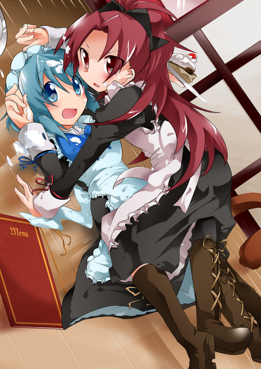 10s, 2girls, all_fours, alternate_costume, apron, araragi_ayune, black_legwear, blue_eyes