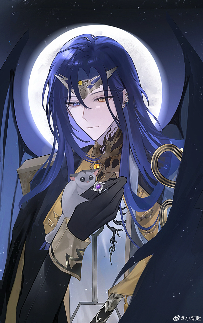 1boy, absurdres, animal, badger, black_cape, black_gloves, black_jacket, black_wings