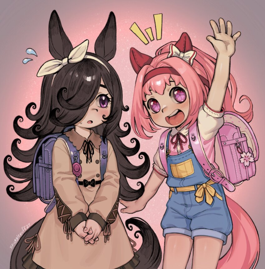 2girls, animal_ears, backpack, bag, blue_overalls, blush, bow, bow_hairband, brown_dress, brown_hair, brown_ribbon, casual, coat, collared_dress, commentary, dress, ear_bow, ear_covers, flipped_hair, flower-shaped_pupils, flower_in_eye, hair_over_one_eye, hairband, haru_urara_(casual)_(umamusume), haru_urara_(umamusume), headband, highres, horse_ears, horse_girl, horse_tail, jojifuku, long_hair, long_sleeves, looking_at_viewer, multiple_girls, official_alternate_costume, open_mouth, overall_shorts, overalls, pink_eyes, pink_hair, pink_headband, pink_shirt, ponytail, purple_eyes, red_hairband, red_headband, ribbon, rice_shower_(casual)_(umamusume), rice_shower_(umamusume), shirt, short_sleeves, smile, snugglepuff28, sweatdrop, untranslatable_commentary, symbol-shaped_pupils, symbol_in_eye, tail, teeth, umamusume, upper_teeth_only, waving, white_hairband