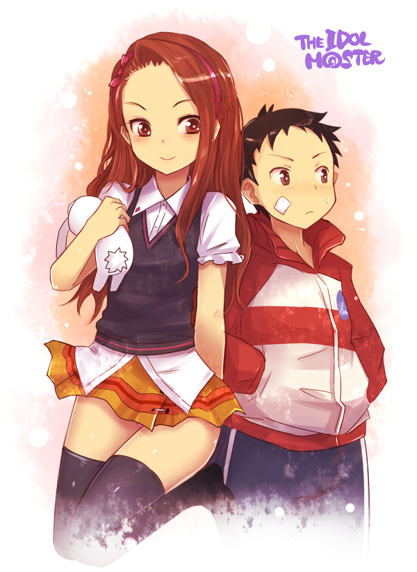 1boy, 1girl, bandages, black_hair, black_thighhighs, blush, brown_eyes, brown_hair