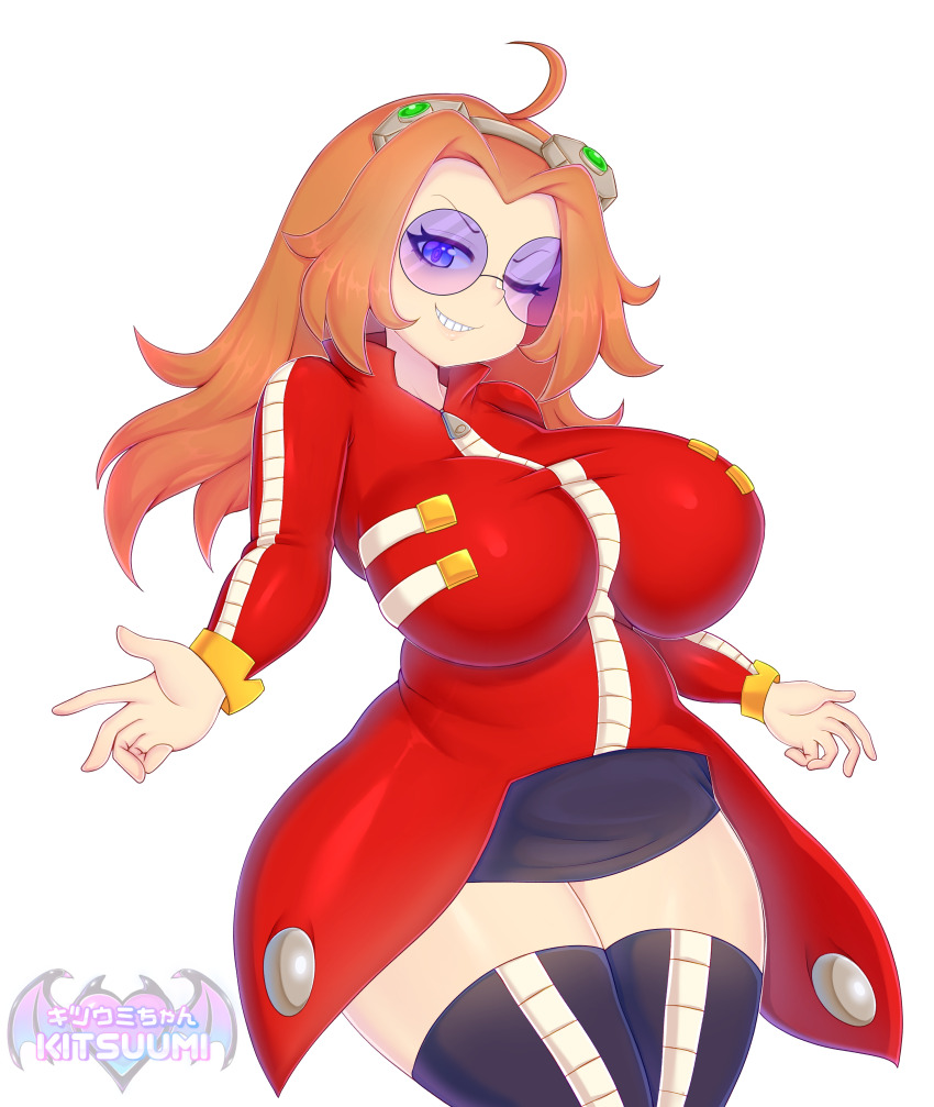 1girl, absurdres, ahoge, black_skirt, blue-tinted_eyewear, blue_eyes, borrowed_design, breasts