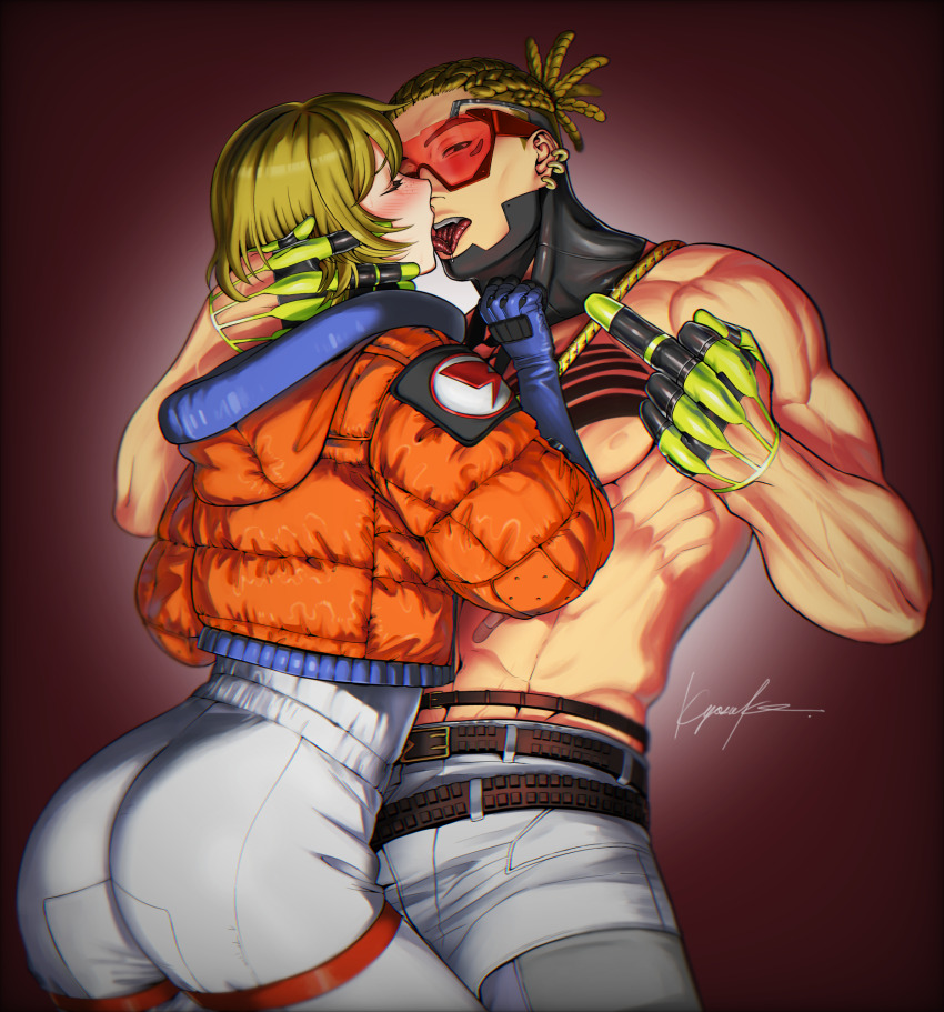 1boy, 1girl, apex_legends, bailian, bandaid, belt, blonde_hair, blue_gloves