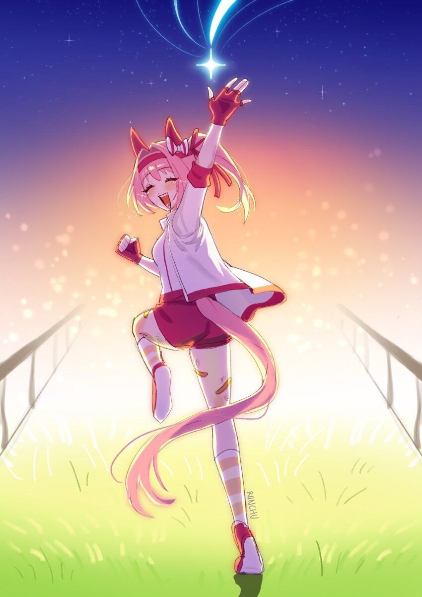 1girl, animal_ears, bandaid, bandaid_on_leg, blush, bow, buruma, closed_eyes, ear_bow, ear_covers, fingerless_gloves, gloves, grass, hairband, haru_urara_(bestest_prize)_(umamusume), haru_urara_(umamusume), headband, highres, horse_ears, horse_girl, horse_tail, jacket, long_hair, looking_at_viewer, looking_back, open_mouth, pink_buruma, pink_hair, pink_headband, ponytail, red_buruma, red_gloves, red_headband, riinchu, running, shirt, smile, socks, solo, star_(symbol), striped_clothes, striped_socks, tail, teeth, umamusume, waving, white_jacket, white_shirt