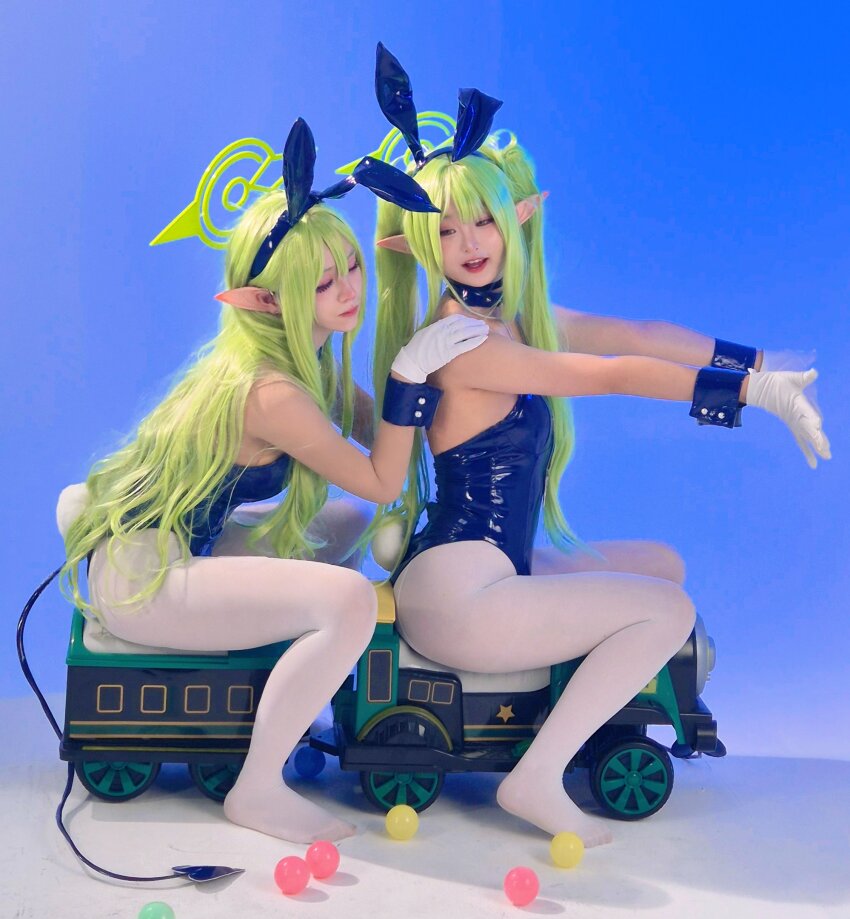 2girls, absurdres, ball, blue_archive, blue_background, blue_leotard, breasts, choker