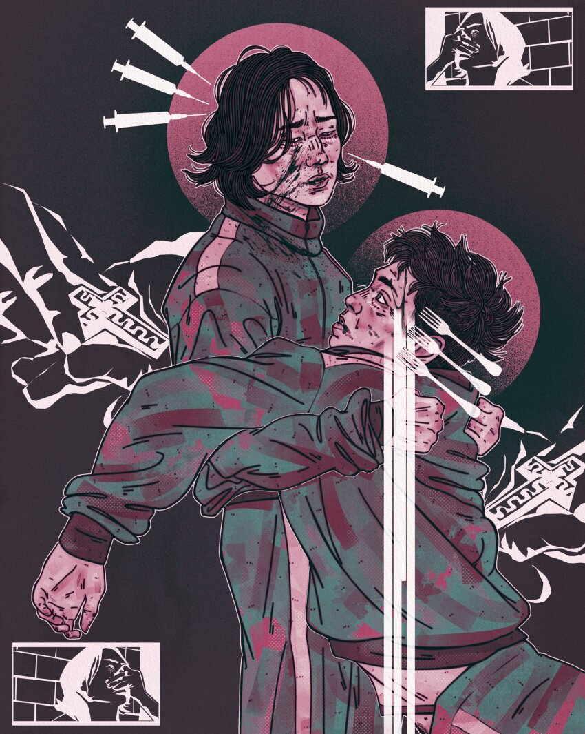 2boys, black_eyes, black_hair, bleeding, blood, blood_from_forehead, blood_on_face, blood_stain