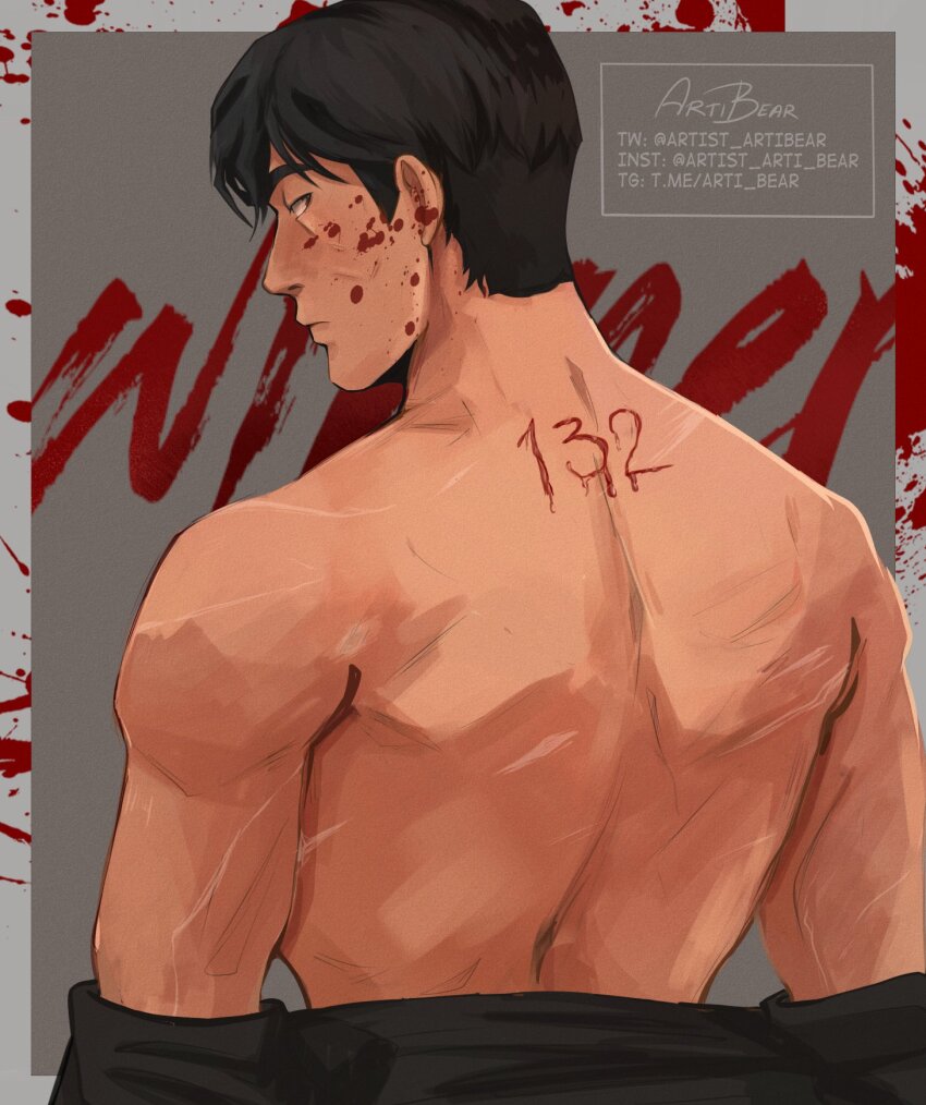 1boy, artibear, black_eyes, black_hair, blood, blood_on_face, blood_splatter, breasts