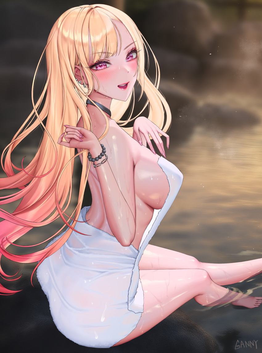 1girl, absurdres, bathing, blonde_hair, blush, bracelet, breasts, convenient_censoring