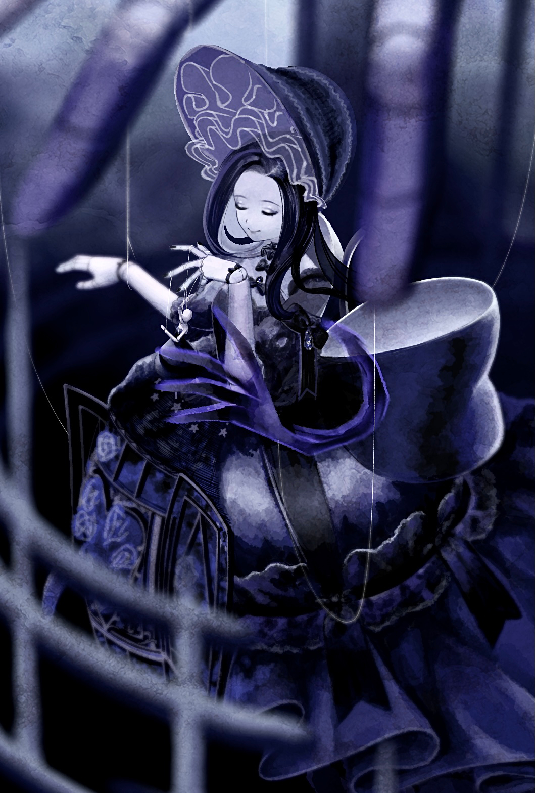 1_hcs, back_bow, birdcage, black_bonnet, black_bow, black_choker, black_dress, black_hair, bonnet, bow, breasts, cage, choker, classic_lolita, closed_eyes, closed_mouth, colored_skin, disembodied_hand, doll_joints, dot_nose, dress, floral_print, flower, forehead, frilled_choker, frilled_dress, frilled_headwear, frilled_sleeves, frills, gown, highres, in_cage, joints, large_breasts, large_hat, lolita_fashion, long_dress, long_hair, nikki_(series), puppet_strings, purple_flower, purple_rose, purple_theme, rose, rose_print, shining_nikki, short_sleeves, smile, stylist_(nikki), white_skin