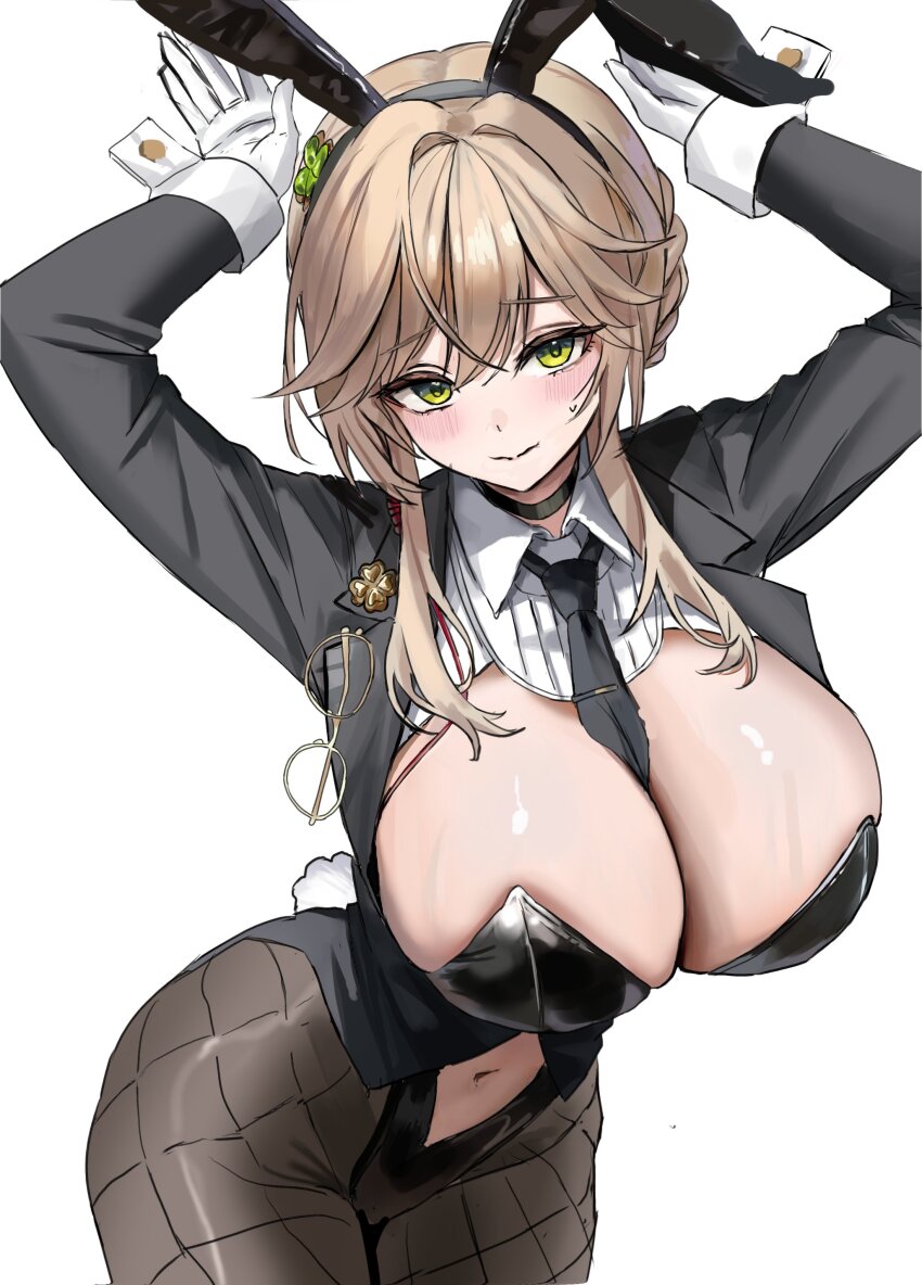 absurdres, ade_(agent_bunny)_(nikke), ade_(nikke), animal_ear_hairband, animal_ears, between_breasts, black_leotard, black_necktie