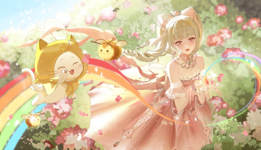 1girl, ^_^, animal, bare_shoulders, bead_necklace, beads, bee, blonde_hair
