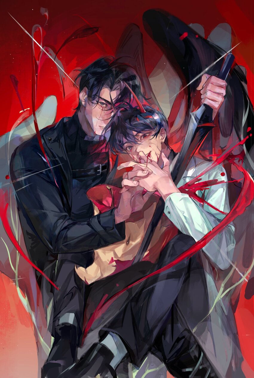 2boys, apple, apple_core, bags_under_eyes, black-framed_eyewear, black_coat, black_eyes, black_hair