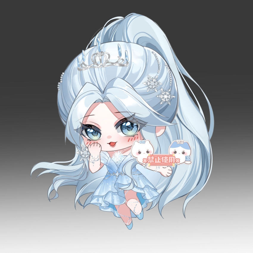 1girl, asymmetrical_dress, bead_bracelet, beads, black_background, blue_dress, blue_eyes, blue_hair, blue_shoes, bracelet, chibi, crystal_poems_(infinity_nikki), dress, eyelashes, eyes_visible_through_hair, frilled_dress, frills, gradient_background, hair_ornament, hand_on_own_cheek, hand_on_own_face, happy, high_ponytail, highres, infinity_nikki, jewelry, leg_up, light_blush, lipstick, long_dress, long_hair, makeup, nikki_(series), open_mouth, parted_bangs, pink_lips, ponytail, sample_watermark, shoes, short_sleeves, simple_background, smile, snowflake_hair_ornament, snowflake_necklace, solo, standing, strapless, strapless_dress, tiara, tsurime, very_long_hair, watermark, xinjinjumin388925569805