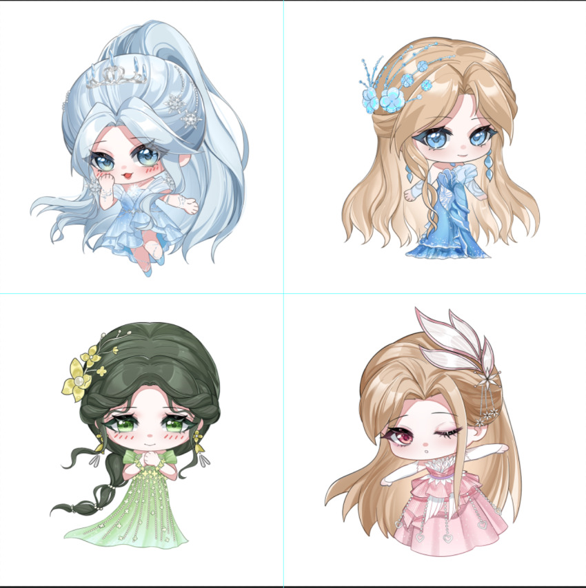 4girls, ;o, arm_warmers, bare_shoulders, beads, black_hair, blonde_hair, blossoming_stars_(infinity_nikki)