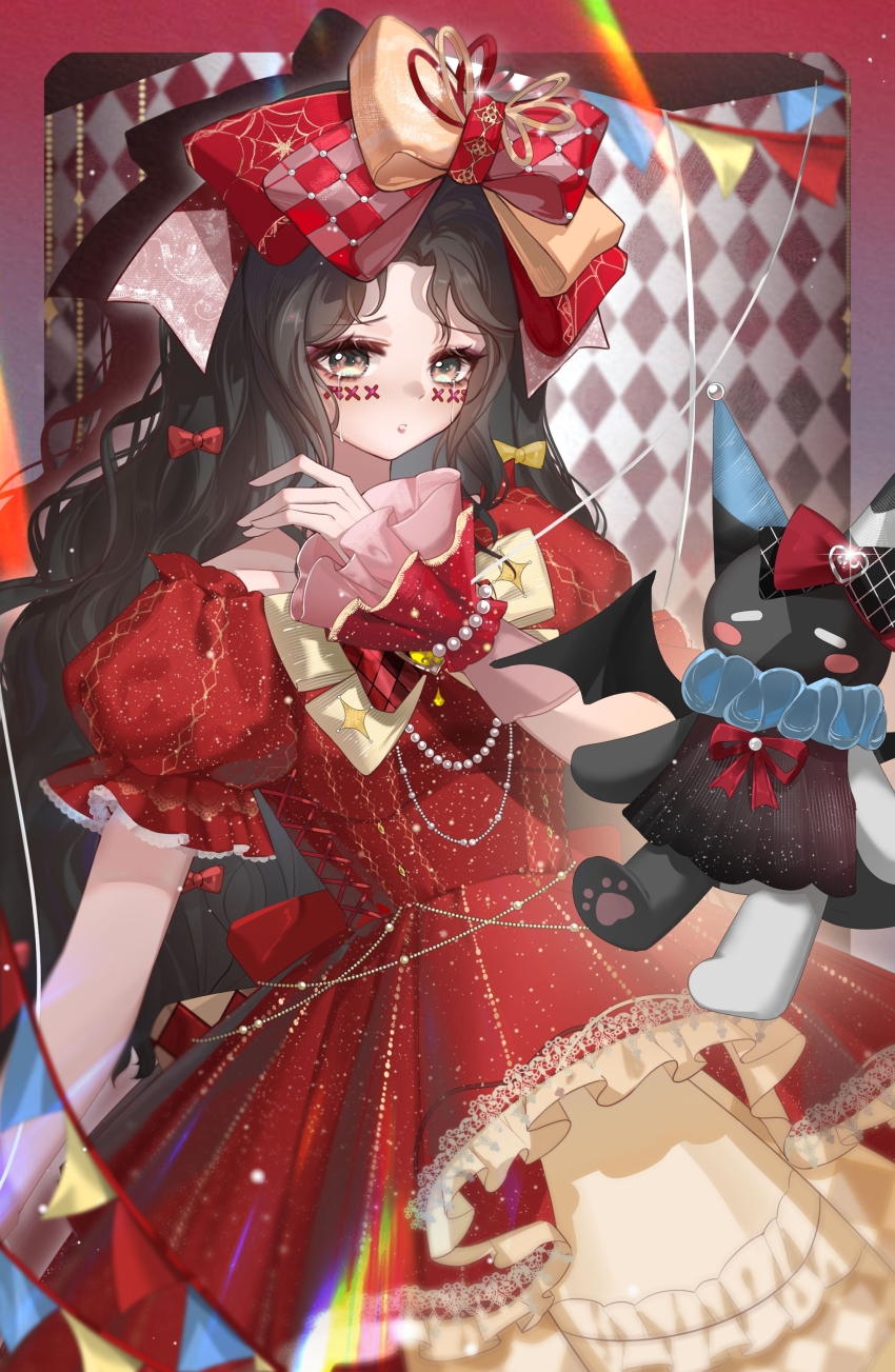 1girl, :o, absurdres, argyle_bow, argyle_bowtie, argyle_clothes, bead_bracelet, bead_necklace