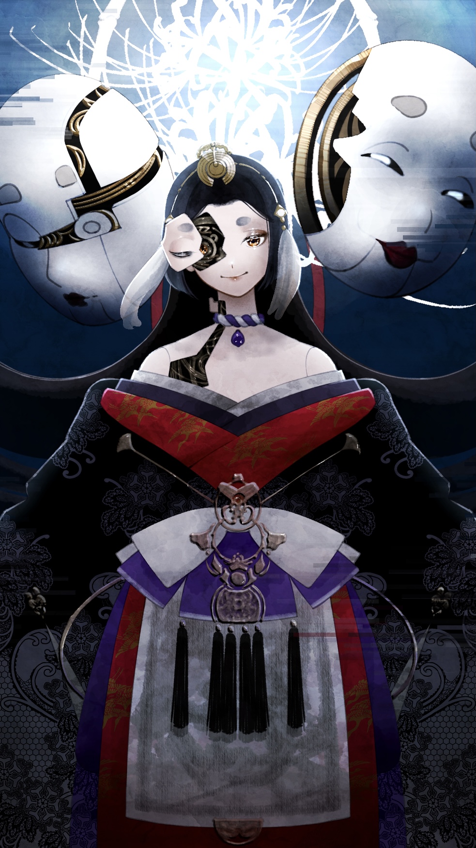 1_hcs, 1girl, android, apron, bare_shoulders, black_hair, black_hanfu, blue_background, blue_bow, blue_choker, bow, chinese_clothes, choker, closed_mouth, cowboy_shot, cracked_skin, doll_joints, eyeshadow, flower, gears, glowing, gradient_background, hair_ornament, hanfu, highres, joints, long_sleeves, makeup, mask, miracle_nikki, nikki_(series), noh_mask, off_shoulder, one_eye_closed, red_eyeshadow, rope_choker, smile, solo, spider_lily, standing, stylist_(nikki), tassel, tassel_hair_ornament, two-tone_bow, two-tone_choker, waist_apron, waist_bow, white_apron, white_bow, white_choker, white_flower