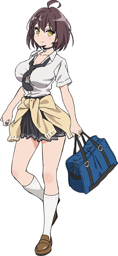 1girl, ahoge, anime_coloring, azur_lane, bag, baltimore_(azur_lane), black_choker, black_necktie, blush, braid, braided_bangs, breasts, brown_hair, brown_shoes, cardigan, cardigan_around_waist, choker, closed_mouth, clothes_around_waist, collarbone, collared_shirt, full_body, grey_skirt, hair_between_eyes, holding, holding_bag, large_breasts, leg_up, loafers, looking_at_viewer, loose_necktie, necktie, official_art, ogiwara_rokou, pleated_skirt, school_uniform, shirt, shoes, short_hair, sidelocks, simple_background, skirt, smile, socks, solo, standing, standing_on_one_leg, tachi-e, tented_shirt, transparent_background, white_shirt, white_socks, yellow_eyes