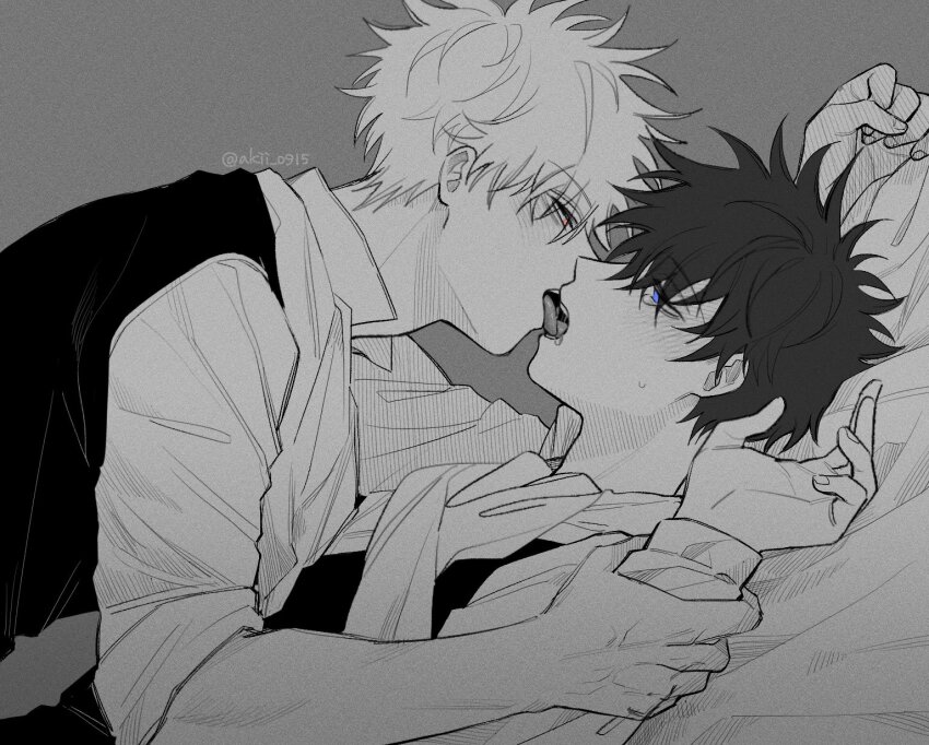 2boys, adam's_apple, akii_0915, arm_up, ascot, blue_eyes, blush, collared_shirt