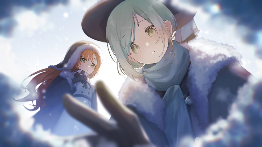 2girls, black_coat, black_gloves, black_hat, blue_scarf, blue_sky, boater_hat, brown_coat