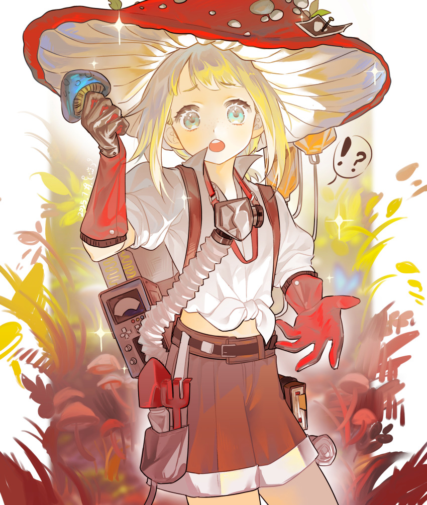 !?, 1boy, absurdres, baizangze, belt_pouch, blonde_hair, blue_eyes, brown_shorts