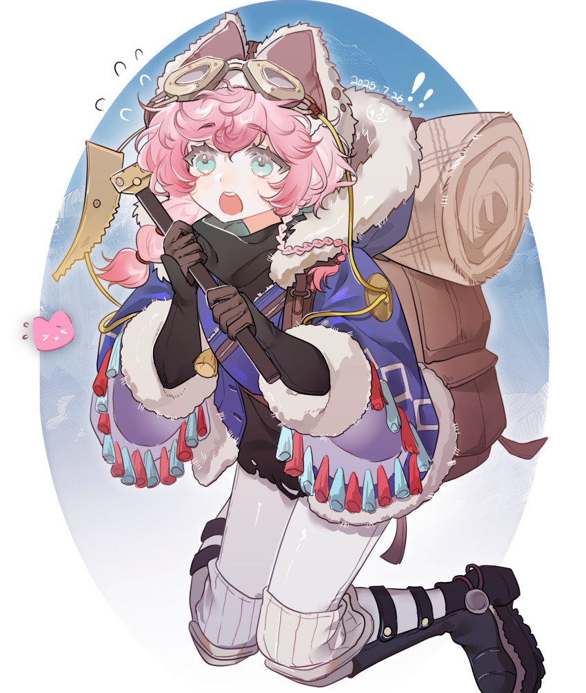 !, !!, 1girl, absurdres, backpack, bag, baizangze, black_boots, black_gloves, black_sweater, blue_background, blue_eyes, boots, brown_bag, brown_hat, coat, dated, flying_sweatdrops, full_body, fur-trimmed_coat, fur_trim, gloves, goggles, goggles_on_headwear, hat, highres, holding, holding_pickaxe, hood, hooded_coat, kneeling, long_braid, looking_up, nautika_(reverse:1999), open_mouth, oval_background, pants, pickaxe, pink_hair, purple_coat, reverse:1999, solo, sweater, trapper_hat, two-handed, two-tone_background, white_background, white_pants