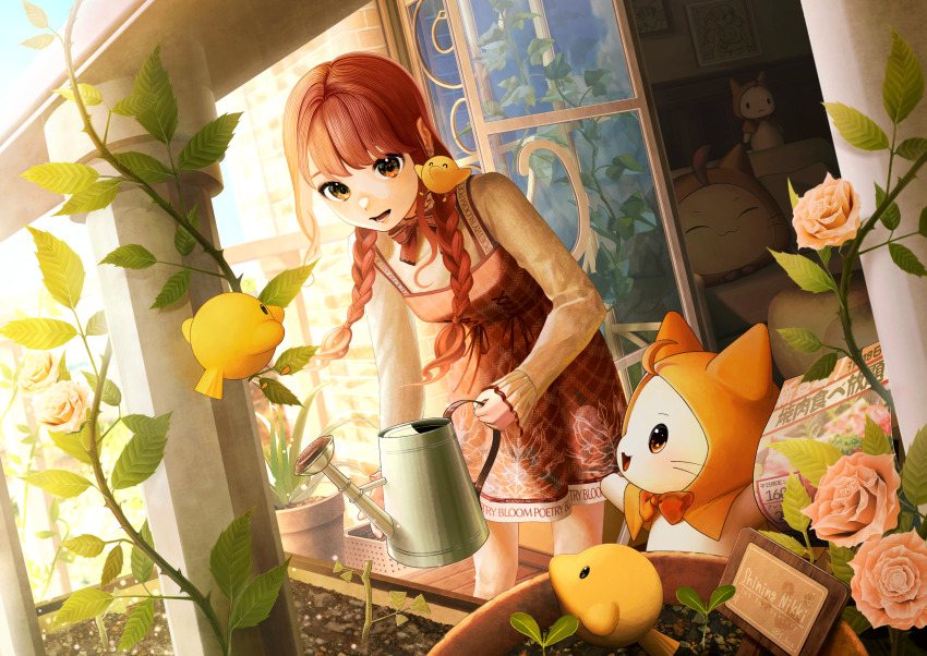 1_hcs, 1girl, animal, baby_animal, balcony, bird, bloom_poetry_(shining_nikki), blue_sky