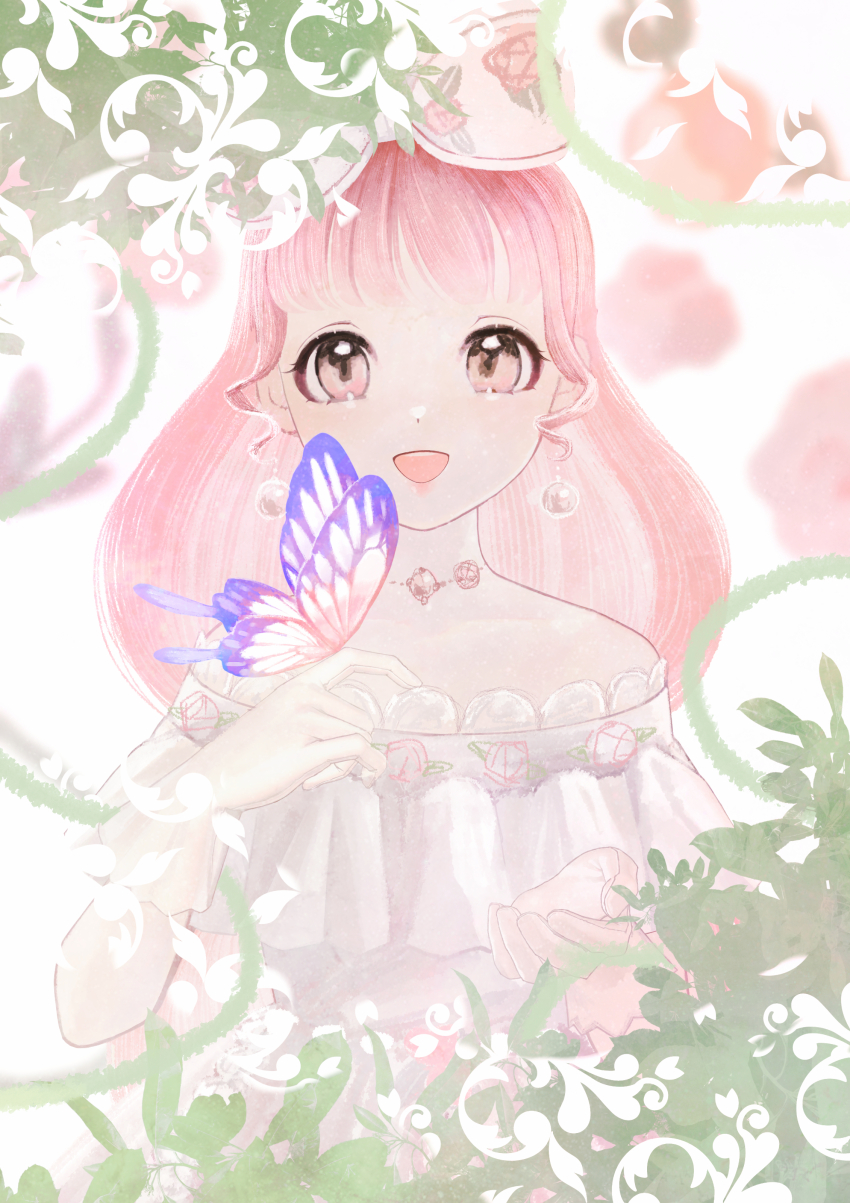 1_hcs, 1girl, absurdres, bare_shoulders, blunt_bangs, bow, brown_eyes, bug