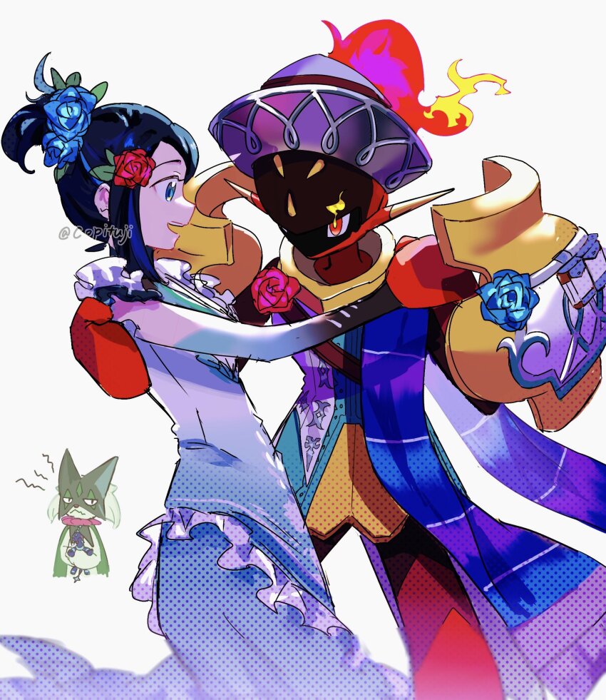 1girl, :d, alternate_costume, armarouge, armarouge_(fiesta), black_hair, blue_eyes, blue_flower