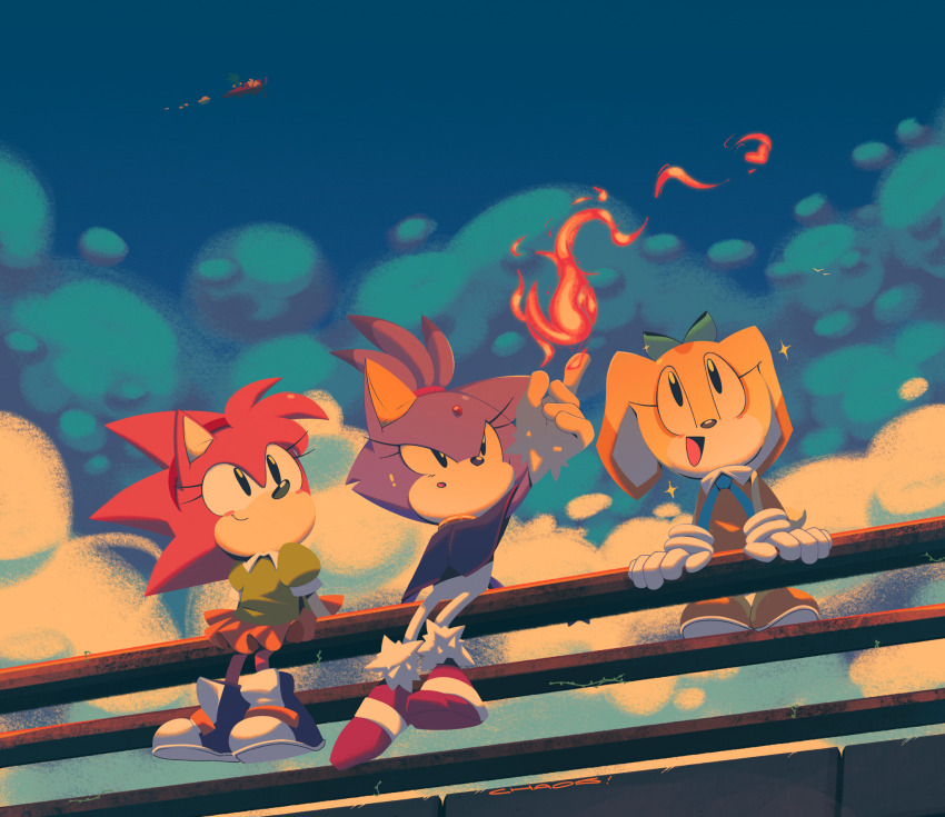 3girls, amy_rose, animal_ears, black_eyes, blaze_the_cat, blue_bow, blue_sky, bow