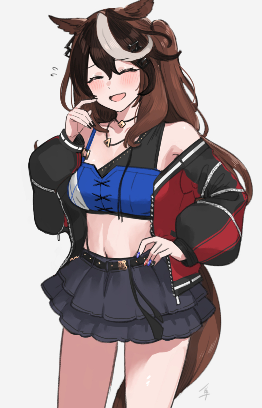 1girl, :d, ^_^, animal_ears, bandeau, bare_shoulders, belt, black_belt