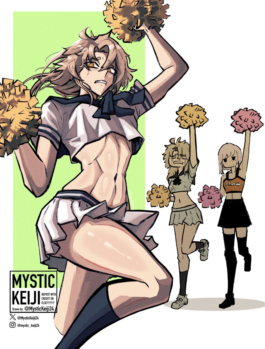 2girls, absurdres, arm_up, artist_name, black_shoes, black_skirt, black_socks, black_thighhighs