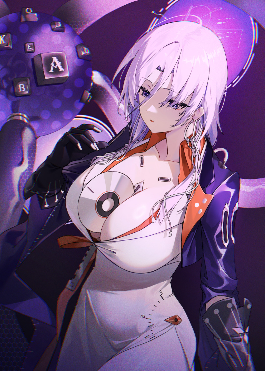 1girl, absurdres, between_breasts, black_gloves, breasts, cd, cleavage, collarbone