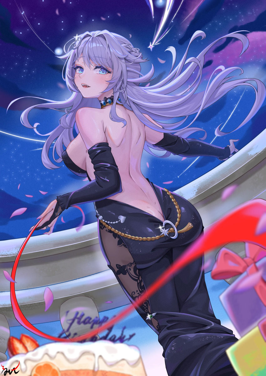 1girl, absurdres, ass, backless_dress, backless_outfit, bare_back, birthday_cake, black_bridal_gauntlets, black_dress, blue_eyes, borrowed_character, box, breasts, bridal_gauntlets, butt_crack, cake, dress, elbow_gloves, falling_petals, floating_hair, food, from_behind, gift, gift_box, gloves, grey_hair, hair_intakes, hair_ornament, happy_birthday, highres, large_breasts, light_blush, long_hair, looking_at_viewer, looking_back, machi_(machi0910)_(person), median_furrow, missing_commentary, night, open_mouth, original, outdoors, petals, pink_petals, red_ribbon, ribbon, shooting_star, shoulder_blades, signature, sky, smile, solo, star_(sky), starry_sky, yancheng_xingfu