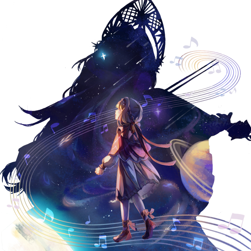 2girls, ankle_ribbon, backlighting, beamed_eighth_notes, blonde_hair, blue_eyes, braid, braided_bangs