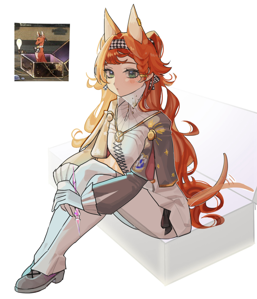 1girl, absurdres, animal_ears, animalization, box, checkered_hairband, collared_dress, dog