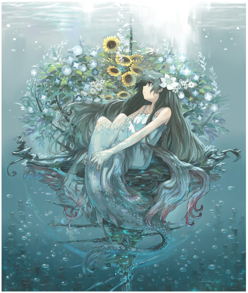 1girl, black_hair, blue_eyes, bubble, dress, female_focus, flower, gradient_background, hair_flower, hair_ornament, highres, imoman, long_hair, mermaid, monster_girl, original, plant, sitting, solo, sundress, sunflower, sunlight, underwater, very_long_hair