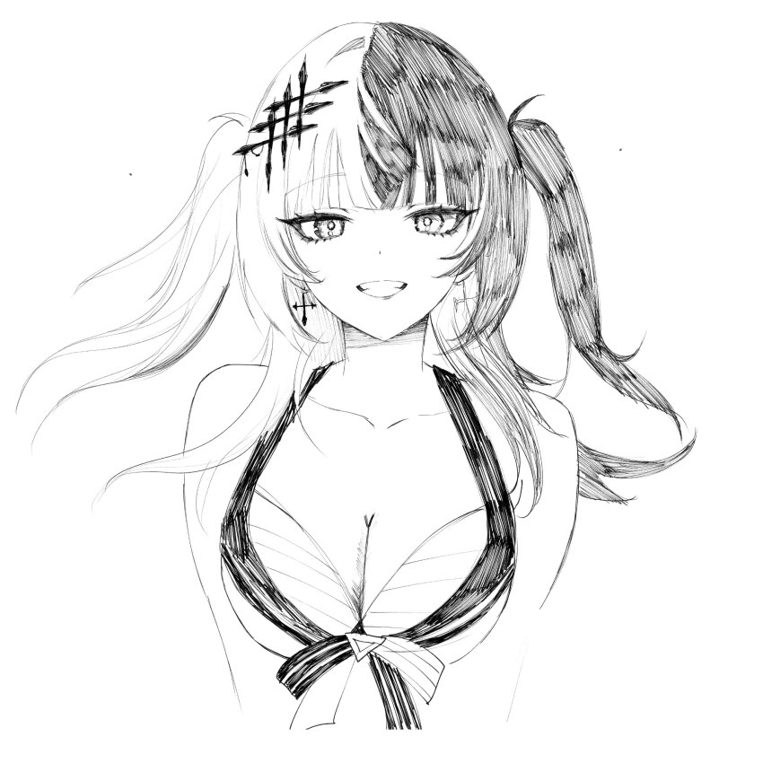 1girl, breasts, commentary, diamon_(diamonmurly), earrings, english_commentary, greyscale, grin