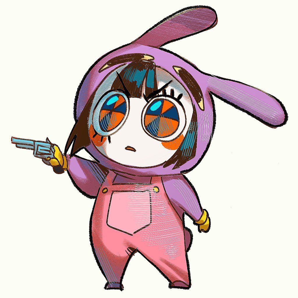 1girl, animal_ears, black_hair, blush_stickers, character_costume, colored_skin, commentary, deformed, full_body, glitch_productions, gloves, gun, handgun, holding, holding_gun, holding_weapon, iria_arts, jax_(the_amazing_digital_circus), multicolored_eyes, official_alternate_costume, overalls, pink_overalls, pomni_(the_amazing_digital_circus), rabbit_ears, revolver, short_hair, solo, untranslatable_commentary, the_amazing_digital_circus, two-tone_eyes, v-shaped_eyebrows, weapon, white_skin, yellow_gloves