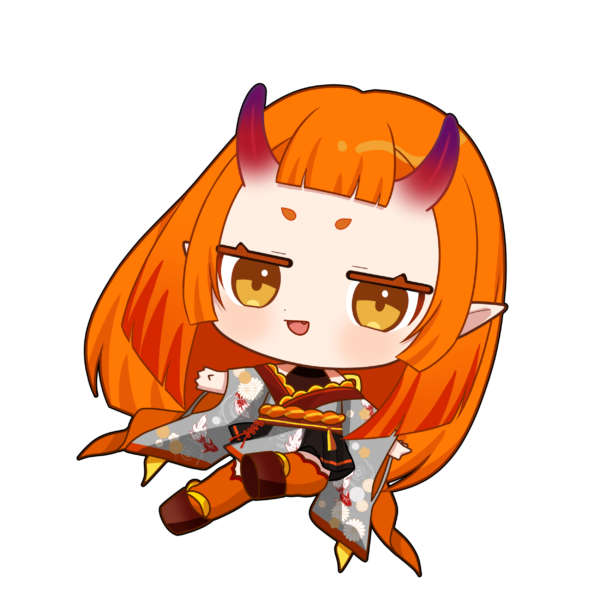 1girl, animal_print, artist_request, blush, bond_en, bondlive, chibi, chibi_only, fish_print, full_body, gradient_horns, grey_kimono, horns, japanese_clothes, jitome, kimono, long_hair, looking_at_viewer, multicolored_horns, okobo, okonomi_aki, orange_hair, orange_thighhighs, platform_sandals, pointy_ears, sandals, simple_background, solo, thighhighs, transparent_background, very_long_hair, virtual_youtuber, wide_sleeves, yellow_eyes