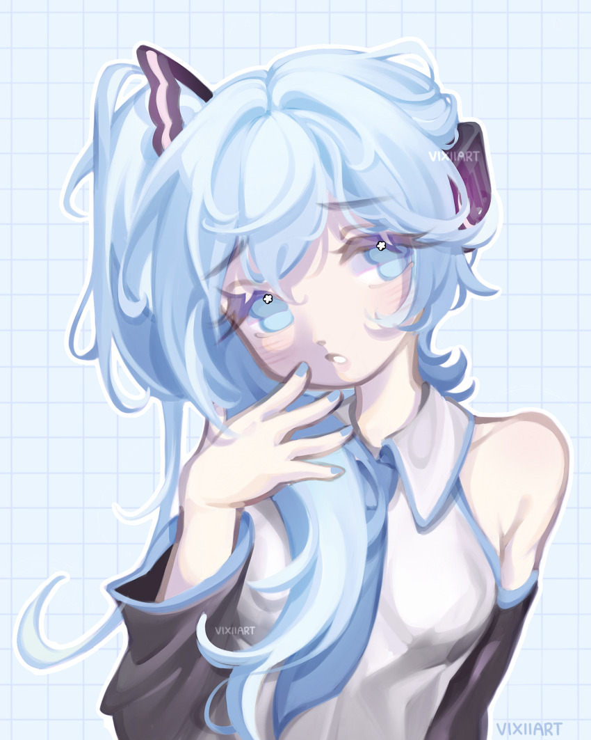 1girl, black_sleeves, blue_background, blue_eyes, blue_hair, blue_nails, blue_necktie, blue_trim