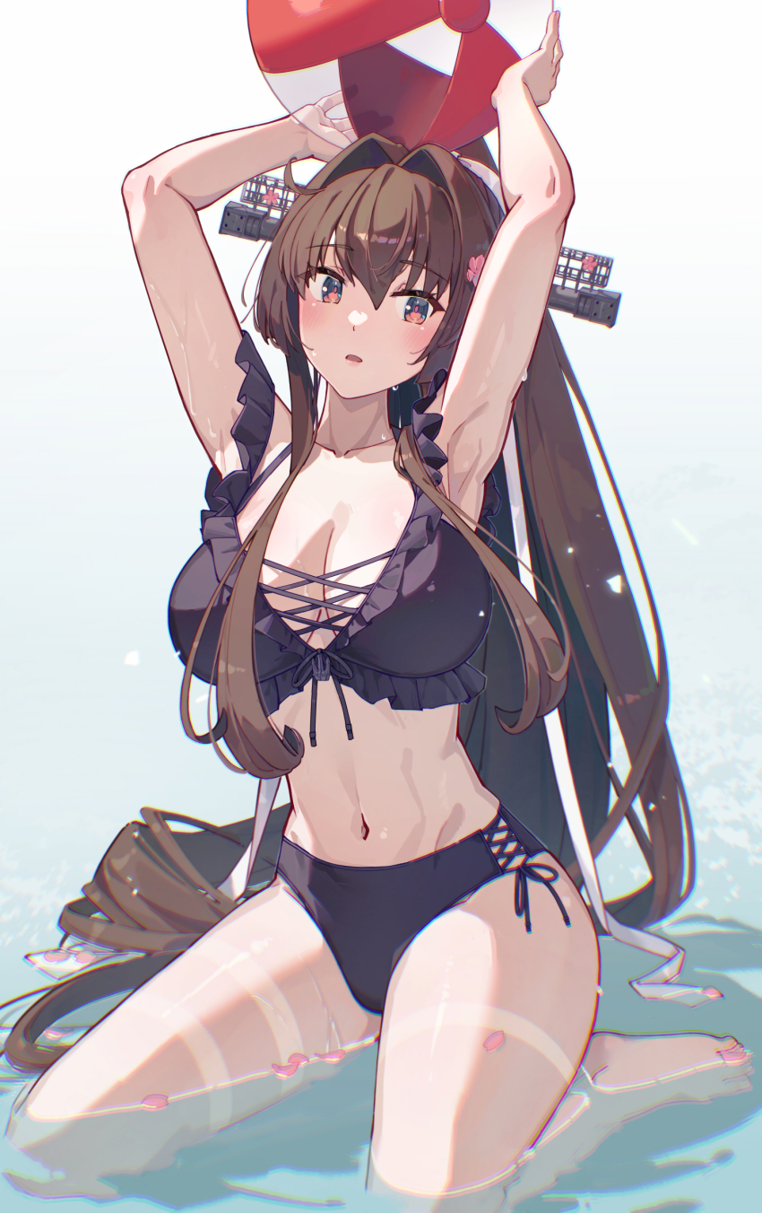 1girl, armpit_peek, armpits, arms_up, artist_name, ball, beachball, bikini
